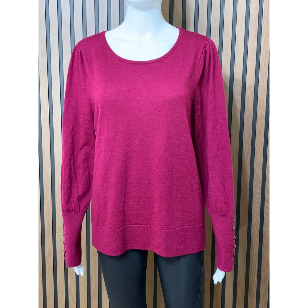 Talbots Women's Red Pure Merino Wool Puff Sleeve Button Cuff Sweater XL